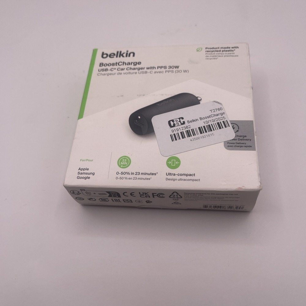 Belkin BoostCharge 30W Fast Car Charger Compact Design w/USB-C Power Deliver*109